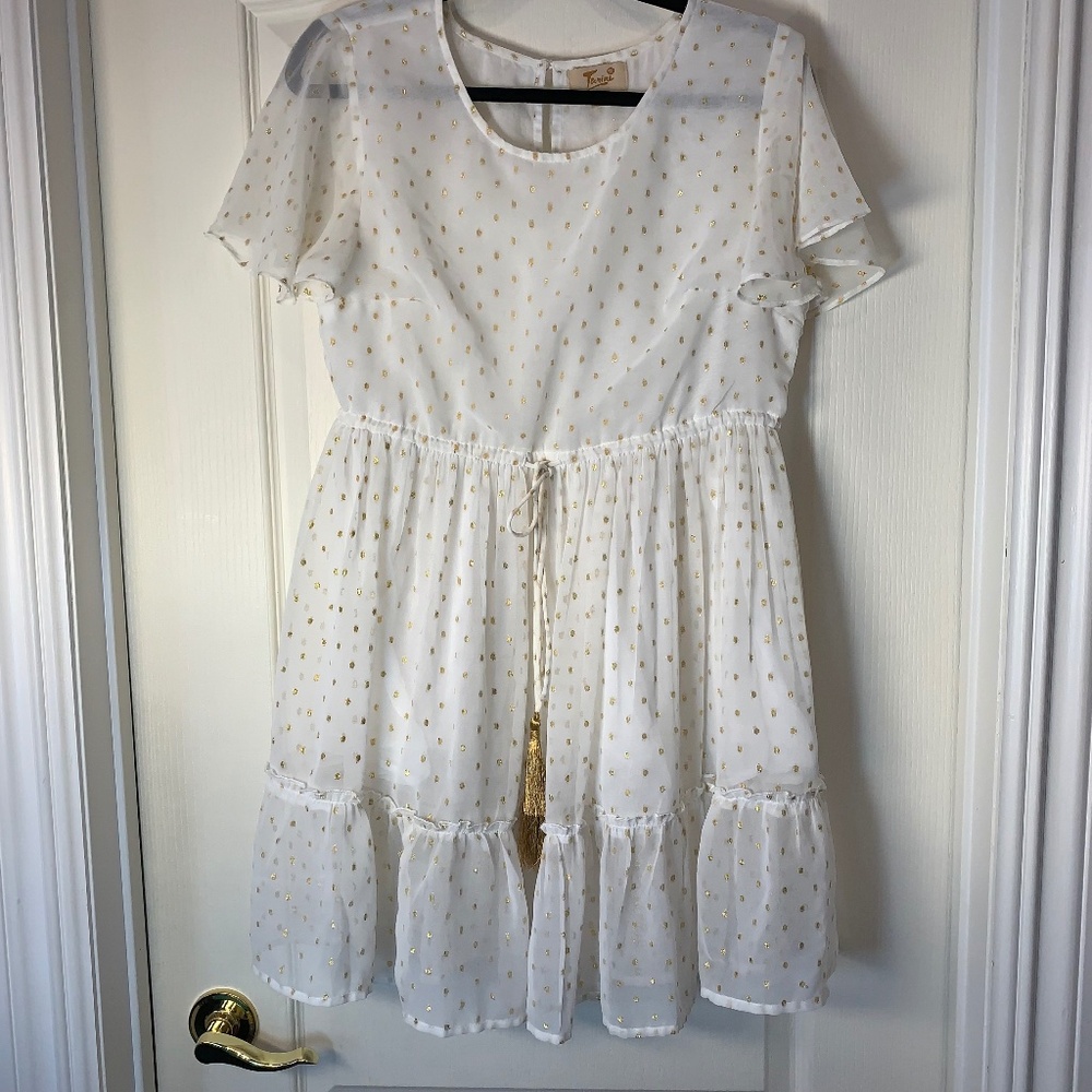 White Gold Polka Dot Boho Dress Tassel Waist Tiered‎ Summer Dress